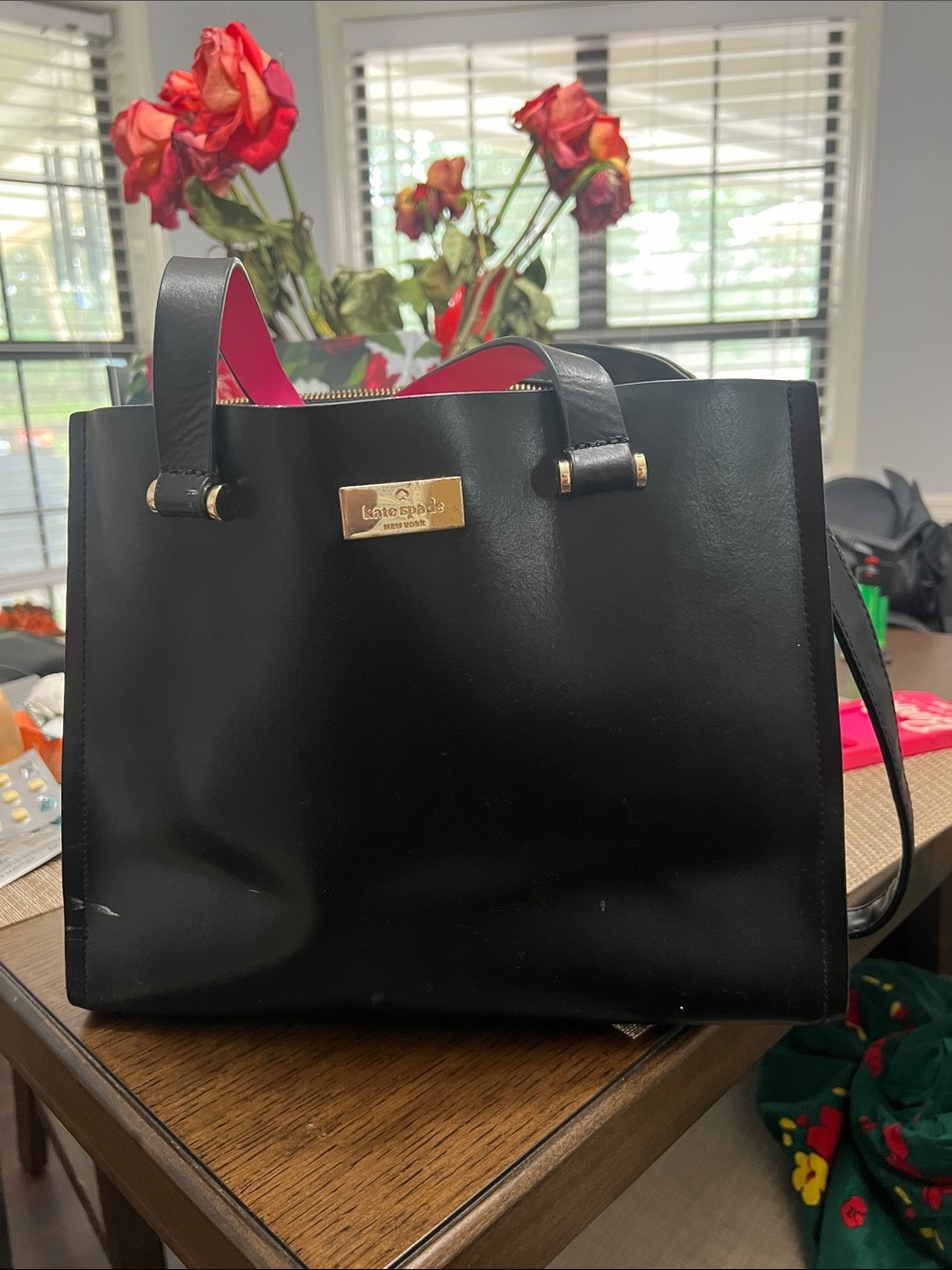 kate spade Black Leather Tote with Pink Interior and Gold Hardware